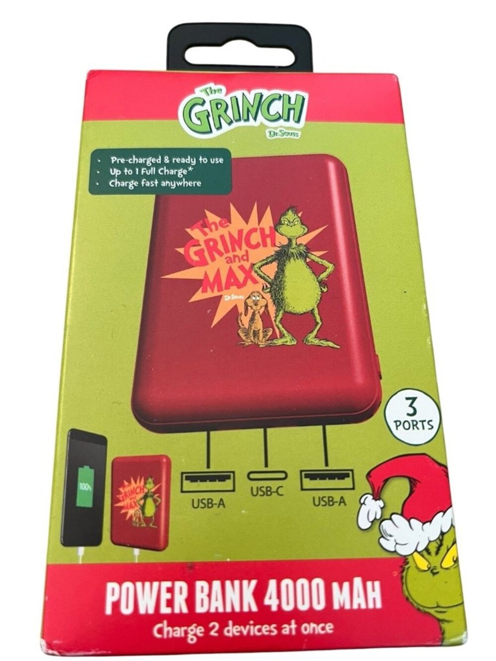 The Grinch And Max Power Bank 4000 Mah Portable Power Bank 3 Ports New 2 at once
